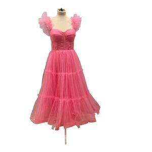 Ava Gowns Pink Tulle Corset Midi Dress Ruffle Laces Fairy Prom Sz S (estimated)